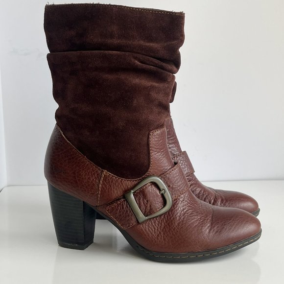 BOC BORN Chocolate Brown Leather Boho Buckle Pull On Mid Calf Block Heel Boots - Picture 1 of 14